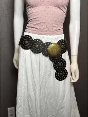 Vintage Y2K Statement Belt Black Disc + Brass Buckle and Grommet L/XL Hip Belt